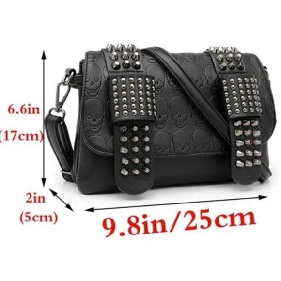 New Women Studded Crossbody Purse Black Skull Handbag - Picture 2 of 8